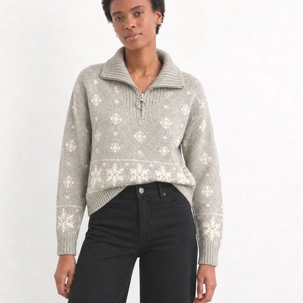 Talbots Grey Snowflake Quarter Zip Sweater Cotton Merino Wool Blend Small